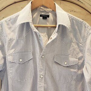 Express  100% Cotton Long Sleeve Blue and White Priny shirt with snaps  Large